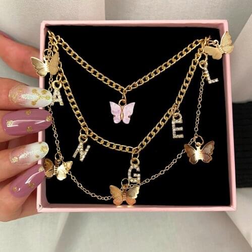 Flatfoosie Punk Gold Color Crystal Letter Angel Pendant Necklace for Women Multilayer Butterfly Clavicle Chain Necklace Jewelry