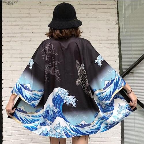 Kimono Men Japanese Ukiyoe Printed Kimono Traditional Cardigan Men Harajuku Streetwear Samurai Costume Yukata Male haori obi