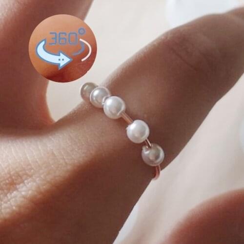 Anxiety Beads Ring For Women Fidget Spinner Ring Adjustable Anxiety Ring Balls Imitation Pearl Anti Stess Fashion Jewelry KBR037