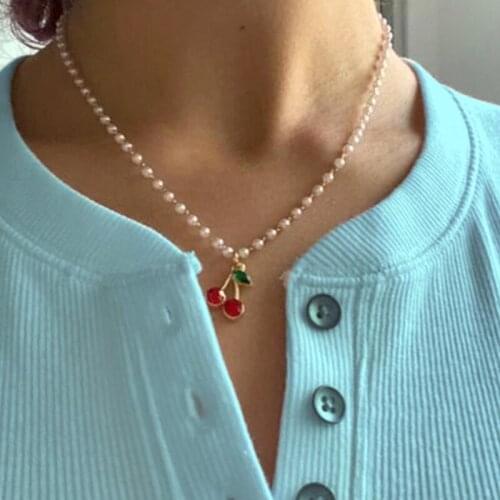 Korea Charms Pearl Cherry Necklace for Women Metal Vintage Harajuku DIY Shiny Crystal Necklace Charms 90s Aesthetic Gifts 2021