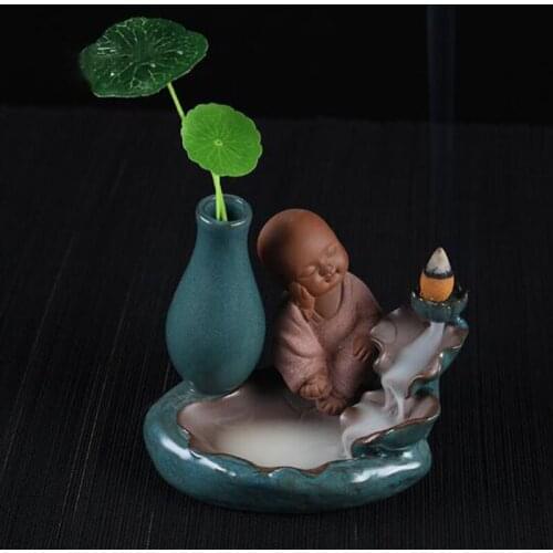 Small Monk Ceramic Backflow Incense Burner Vase Aroma Burner Sandalwood Tower Incense Furnace Office Ornaments Home Decor