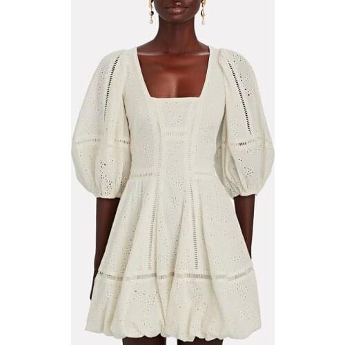 2021 Collar A-Line Mini Dress Lantern Sleeve Sheath Empire Vestidos New Fashion Hollow Out Party Club Summer Dresses White Black