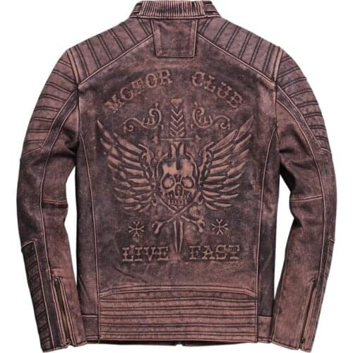 2021 Mens New Cowhide Leather Retro Motorcycle Youth Leather Jacket Skull Stand Collar Short Jacket