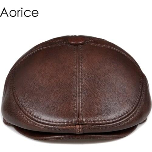 Aorice Genuine Leather Men Berets Cap Hat CBD High Quality Fashion Mens Real Leather Adult Striped Adjustable Hats Caps HL093-2