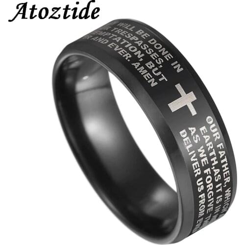Atoztide 8mm Black Engraved Bible Cross Ring Mens Religious Stainless Steel Prayer jesus Scripture Finger Ring Wedding Band