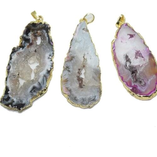 Natural slice Agates Druzy pendant femme 2019 Gold Bezel Big Grey Polish Slab Hole geode drusy stone pendant for women necklace