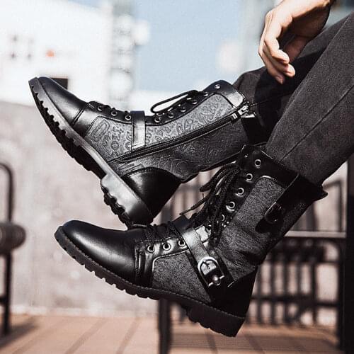2020 Winter New Mens Plus Velvet Trend Korean Mens Leather Boots All-match Tooling Shoes Denim Mid-high Army Boots Men