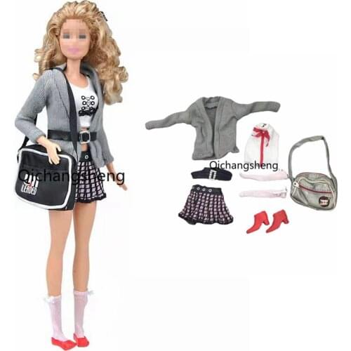 Cosplay 1/6 BJD Clothes For Barbie Accessories Outfits Gray Knitted Winter Sweater Coat Shirt Skirt Bag Socks Shoes Outfits Toys