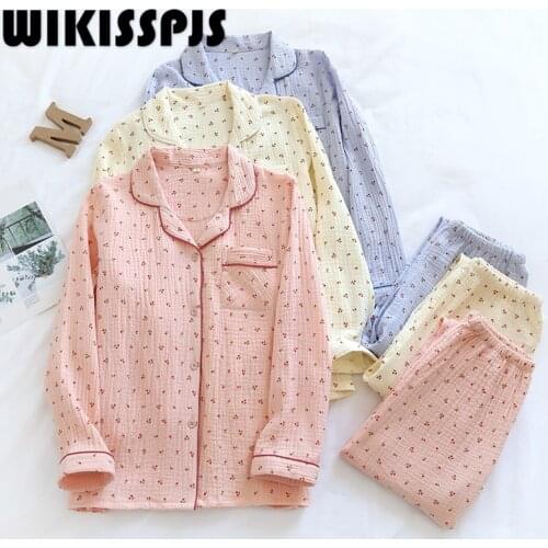 Pajama Set Women Little Cherry Crepe Pajamas Womens Home Wear Long Sleeve Trousers Living Suit Pajamas for Teen Girls