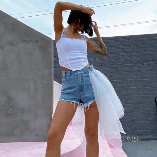 Mesh Spliced Jean Shorts 2021 Summer High Waist Shorts for Women Asymmetrical Mesh Patchwork Tassel Short Jeans Women Streetwear
