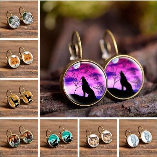 Fashion Wolf Fox Glass Dome Pendant Earrings Animals Comic Picture Vintage Handmade Earrings Womens Girls Gifts