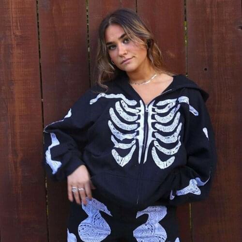 Y2K Punk Zip-up Skulls Goth Black Oversized Hoodies Pink Long Sleeve hooded jacket solid color retro shirt student girl top