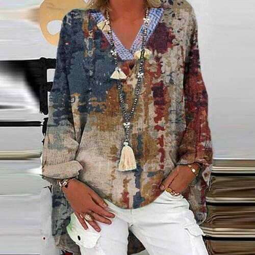 Vintage Cotton Linen Oversized Shirt Blouses 3xl Plus Size V-neck Boho Print Tops Women Long Sleeve Tunic Beach Blouse Blusas