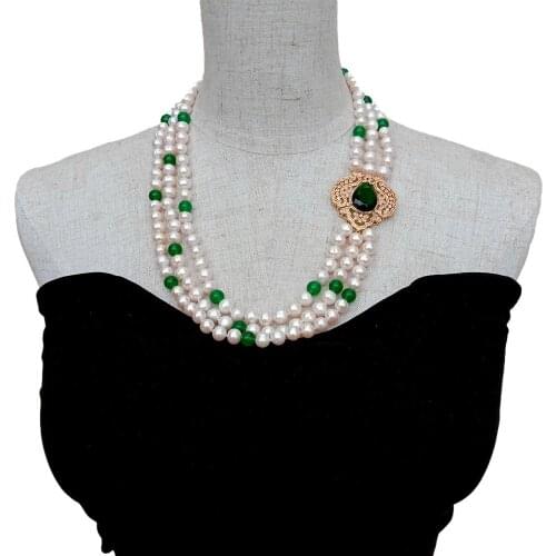 YYGEM 3 Strands 8-9mm Cultured White Near Round Pearl Green Jade Necklace Cz Pave connector 21"