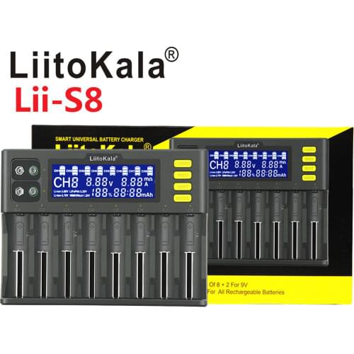 LiitoKala Lii-S8 8 Slots LCD Battery Charger for Li-ion LiFePO4 Ni-MH Ni-Cd 9V 21700 20700 26650 18650 RCR123 18700