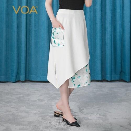 VOA 60m/m Silk White Asymmetric Jacquard Stitching Split Patch Square Bag Creative Skirt CE32 Asymmetrical Harajuku Woman Skirts
