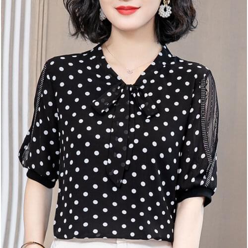 Womens Spring Summer Style Chiffon Blouses Shirt Womens Short Sleeve V-neck Bow Polka Dot Casual Tops SP257