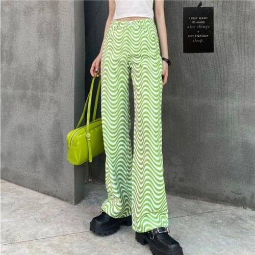 JMPRS High Street Women Striped Pants High Waist Green Zebra Print Straight Casual Pocket Trousers Loose Fall 2021 Ladies Pants