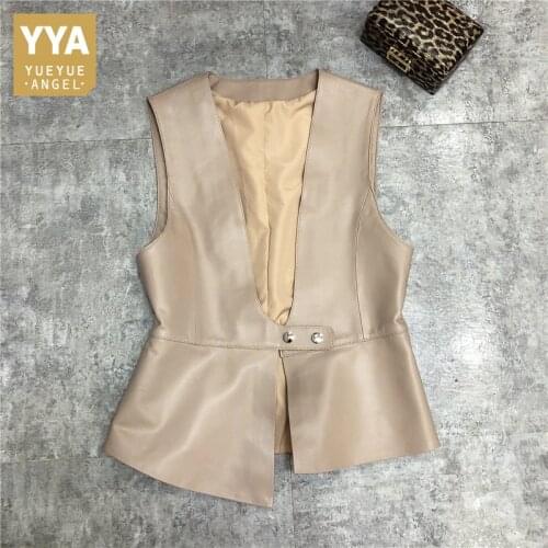 2021 New Designer Natural Leather Vest Women Street Short Sheepskin Waistcoat Fashion Slim V-Neck Female Sleeveless Jacket