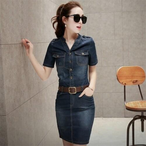 Vintage Denim Dress Women V-Neck Single Breasted Slim Bodycon Dress Jeans 2021 Summer Dresses Korean Vestidos