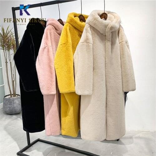 Winter Women High Quality Hooded Faux Rabbit Fur Coat Luxury Long Fur Coat Loose OverCoat Thick Warm Plus Size Female Plush Coat