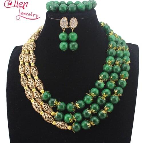 2019 New Nigerian Wedding Beads Jewelry Sets Green African Costume Jewelry Set for Women earrings 14MM Round Beads Set W13946