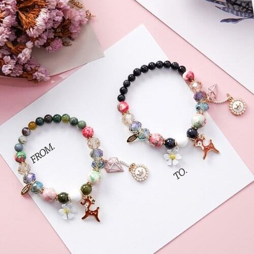 2021 Bohemian Ethnic Style Small Fresh Flower Pink Crystal Stone Deer Pearl Crown Creative Beaded Bracelet Luxury Jewelry