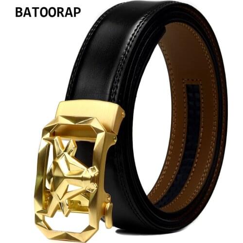 BATOORAP Luxury Brand Designer Mens Trouser Belt Ratchet Golden Bull Alloy Buckle High Quality Genuine Leather Male Black Strap