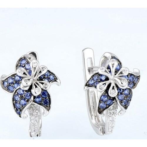 Elegant Flower Zircon Wedding Earrings Trendy Female Blue Crystal Stone Earring Charm Silver Color Small Clip Earrings For Women