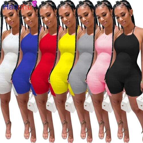 HAOOHU Women Active Halter Neck Backless Playsuit Bodycon Romper Skinny Short Jumpsuit One Piece Sport Overall Fitness Outfit