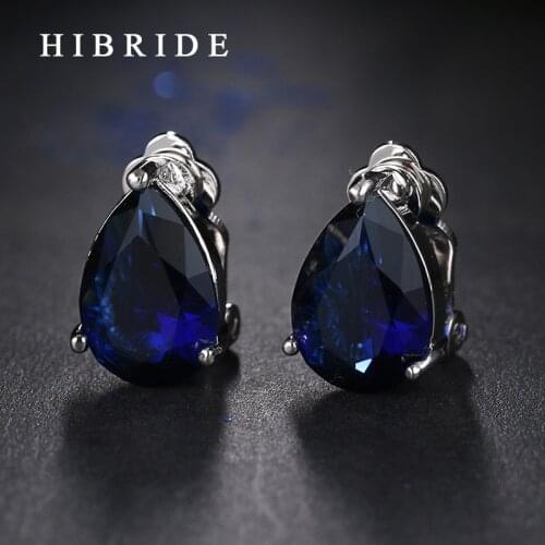 HIBRIDE Jewelry Water Drop Design Top Quality Earrings For Women Gifts ,Blue Stone AAA Zirconia Stud Earrings, E-80
