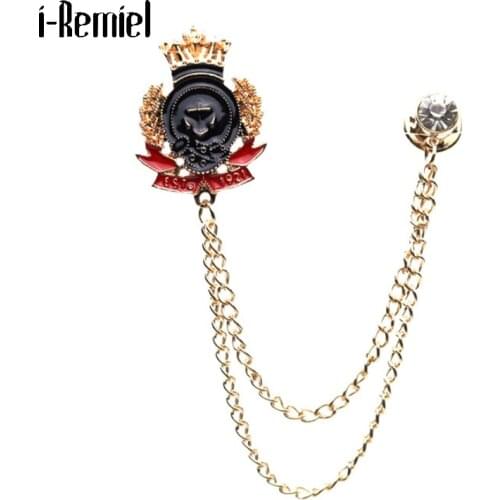 Personality Crown Double Gold Chain Tassel Brooch Shield Mens Suit Lapel Pin Collar Badge British Style Fashion for Men Jewelry