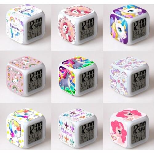 Unicorn Colorful Alarm Clock Little Pony LED Square Clock Childrens Creative Gifts Colorful Digital Clock Alarm Christmas Gifts