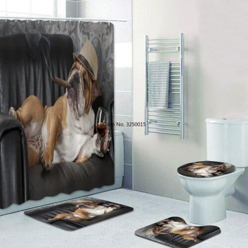 Cool Smoking English Bulldog 3D Bathroom Shower Curtain Bathroom Curtains Set for Toilet Bath Rug Carpet Bull Dog with Cigar Hat