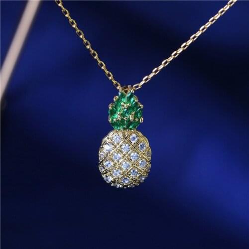 Fashion Cute Pineapple Zircon Pendant Necklace Fruits Ananas Gold Brass Link Chain Trendy Women Jewelry