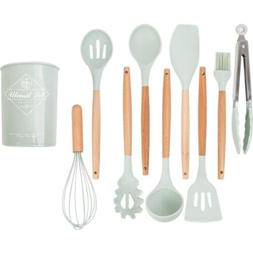 5-12pcs Silicone Cooking Utensils Set Light Green Spatula With Wood Handle Kitchen Shovel Tool Set For Soup Pasta with Organizer