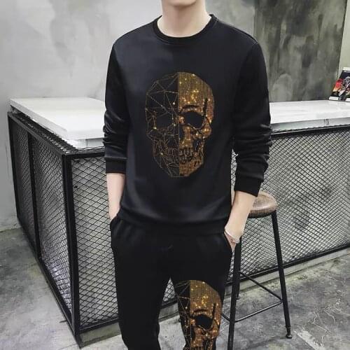 New 2021 Fitness Mens Tracksuit Thick Cotton Hoodie And Trousers Jogging Rhinestone Male Winter Clothing Pullover Casual Suit