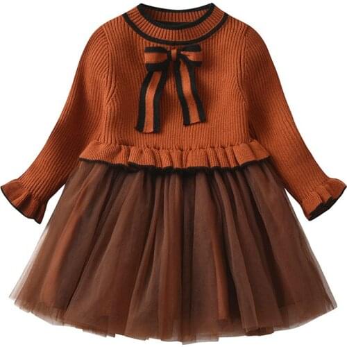 Autumn Winter New Infant Dress 2021 Korean Baby Girls Knitted Dress Fashion Net Yarn Splicing Bow-knot Princess Dress for Girls