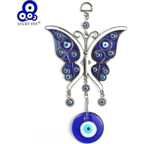 Lucky Eye Butterfly Pendant Wall Hanging Keychain Blue White Alloy Turkish Evil Eye Car Key Chain Fashion Jewelry EY5046