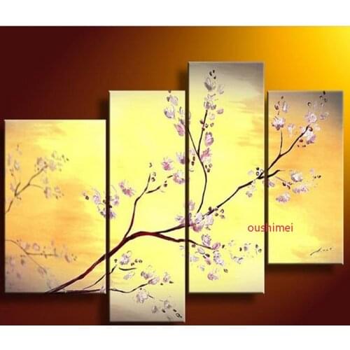 Handpainted 4P Modern Decor Yellow Oil Painting On Canvas Cherry Blossom Picture For Home Decor Unique Gift Flowers No Frame