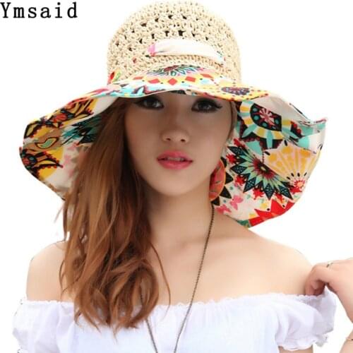 Fashion Sun Hat For Women Holiday Beach Straw Hat Female Hollow Printed Bow Summer Big Brim Hat Fold Uv Protection Floppy Hat