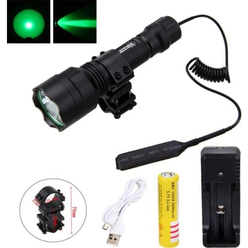 LED Gun Light Tactical XM-L Green Hunting Flashlight+Rifle Scope Gun Mount+Remote Pressure Switch+18650 Battery+USB Charger