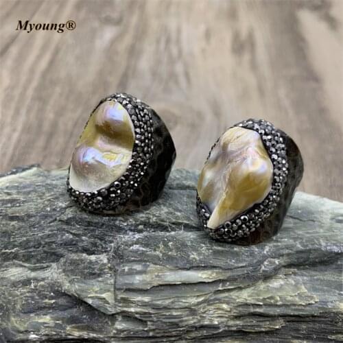 BOHO Bronzing Plated Natural Pearl Rings Jewelry Black Rhinestone Paved For Women MY210636