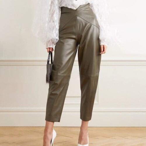 2021 Spring Fashion Korean Nine-Point Trousers Irregular Waist High Waist Zipper Harem High Waist Leather Casual Pants Trousers