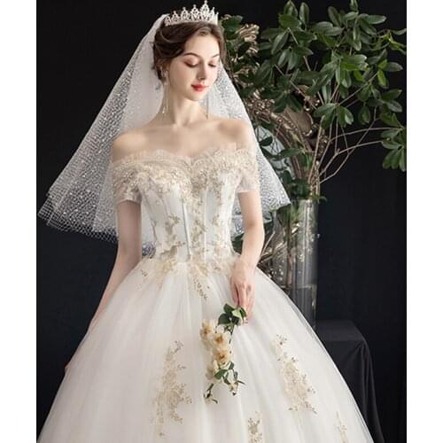 Robe De Mariee Grande Taille New Wedding Dress Gold Lace Boat Neck Off The Shoulder Ball Gown Princess Vintage Brides