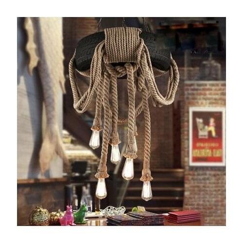 Vintage American Country Hemp Rope Tire Pendant Lights Hanging Lamp Rubber Wheel Suspension For Home Bar Living Room Lighting