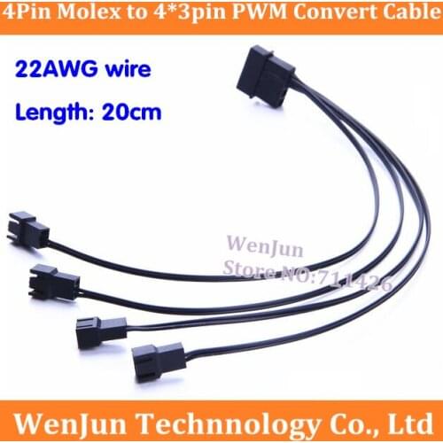 High Quality 22AWG wire PC Cooling Fan IDE Molex 4Pin to 4*3pin PWM Convert Connector Power Cable Free Shipping