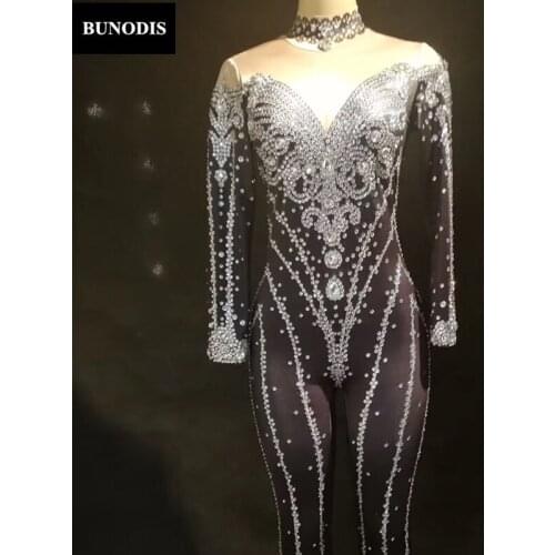 ZD348 Women Big Diamond Sexy Jumpsuit Simple Type Plastic Sparkling Crystals Nightclub Birthday Party Stage Wear