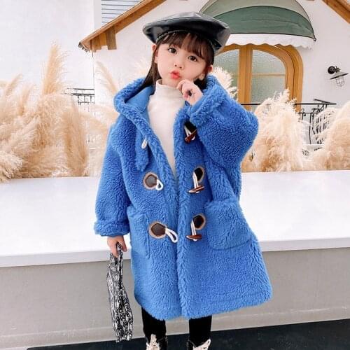 MENINA BONITA 2021 New Long Winter Jacket For Girl Real Fur Coat Knitting Wool Hooded Collar Horn Button Warm Children Outerwear