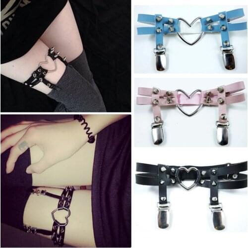 Women Sexy big Sweet Heart Rivet Bullet Goth Harajuku Handmade Leather Garter belt Elastic leg ring Stocking Suspender 10pc lot